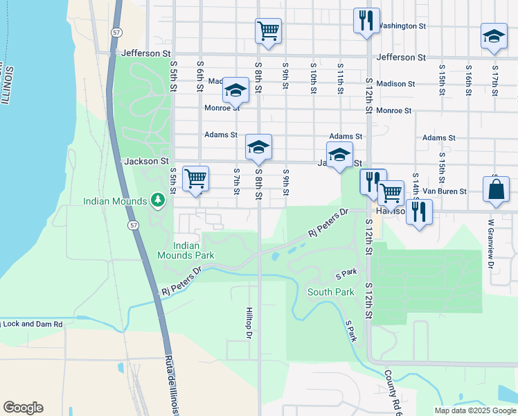 map of restaurants, bars, coffee shops, grocery stores, and more near South 8th Street in Quincy