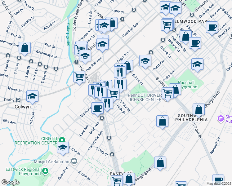 map of restaurants, bars, coffee shops, grocery stores, and more near 2527 S 73rd St in Philadelphia