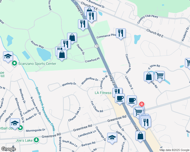 map of restaurants, bars, coffee shops, grocery stores, and more near 708 Woodhollow Drive in Evesham