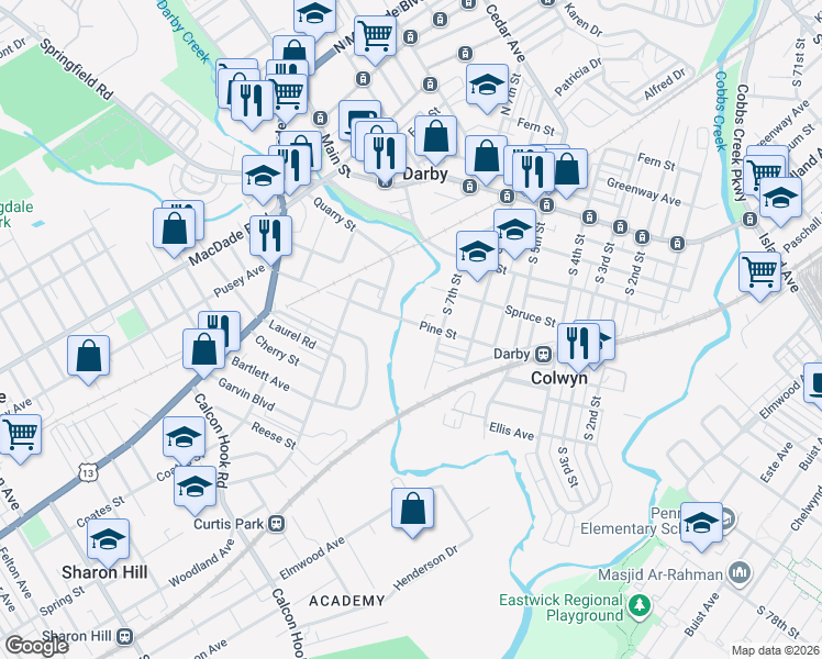 map of restaurants, bars, coffee shops, grocery stores, and more near 720 Pine Street in Darby