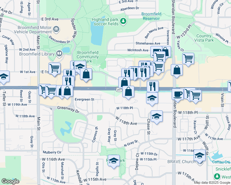 map of restaurants, bars, coffee shops, grocery stores, and more near 5900 West 120th Avenue in Broomfield