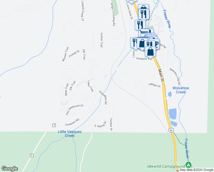 map of restaurants, bars, coffee shops, grocery stores, and more near 500 Vasquez Road in Winter Park