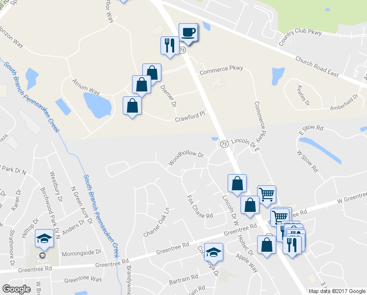map of restaurants, bars, coffee shops, grocery stores, and more near 1004 Woodhollow Drive in Evesham Township