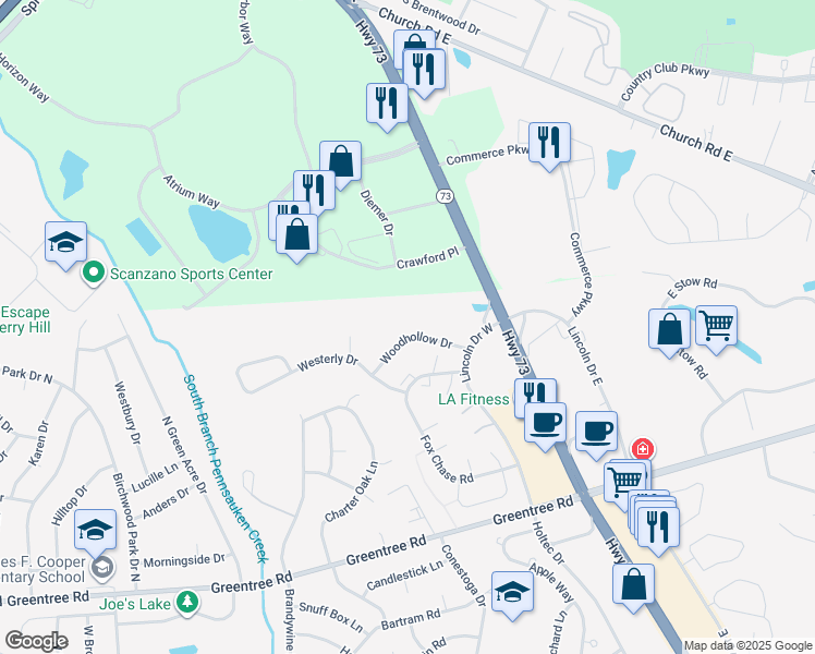 map of restaurants, bars, coffee shops, grocery stores, and more near 1004 Woodhollow Drive in Evesham Township