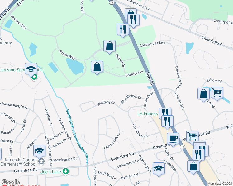 map of restaurants, bars, coffee shops, grocery stores, and more near 2501 Eagle Row in Evesham Township