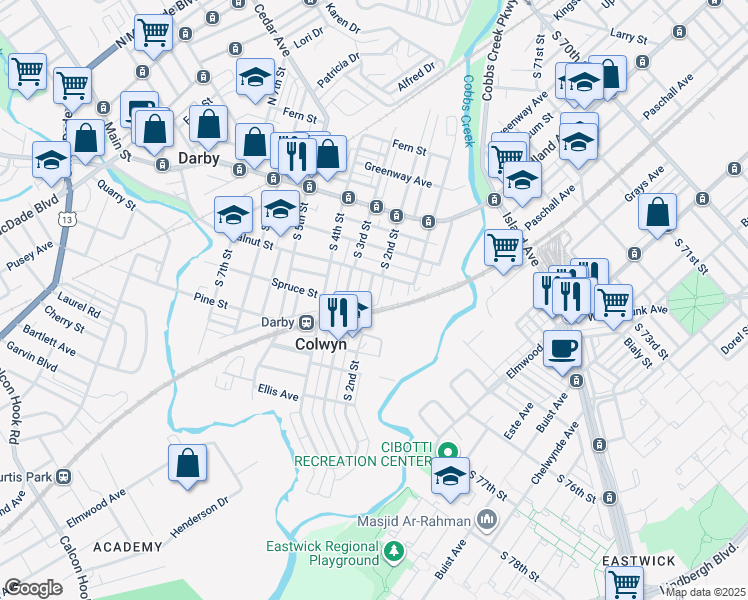 map of restaurants, bars, coffee shops, grocery stores, and more near 221 South 2nd Street in Darby
