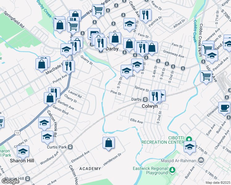 map of restaurants, bars, coffee shops, grocery stores, and more near 618 Pine Street in Darby