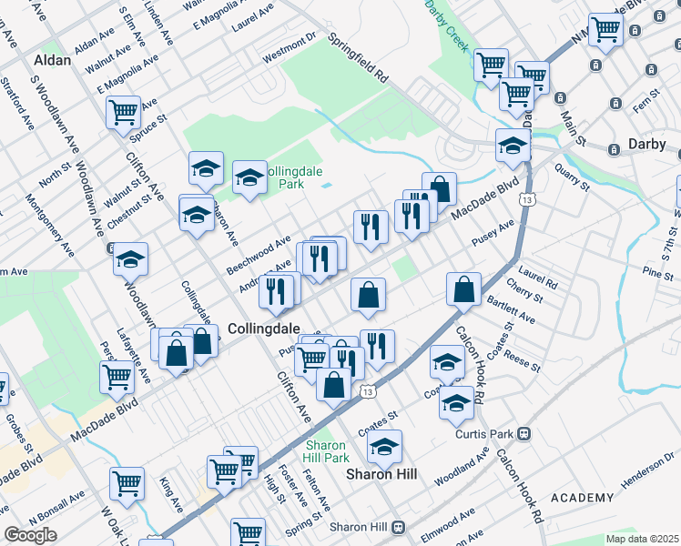 map of restaurants, bars, coffee shops, grocery stores, and more near 502 Macdade Boulevard in Collingdale