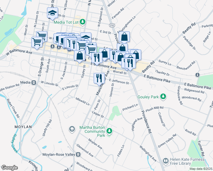 map of restaurants, bars, coffee shops, grocery stores, and more near 411 Manchester Avenue in Media