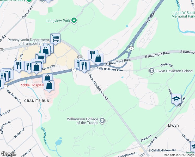 map of restaurants, bars, coffee shops, grocery stores, and more near 29 South New Middletown Road in Media