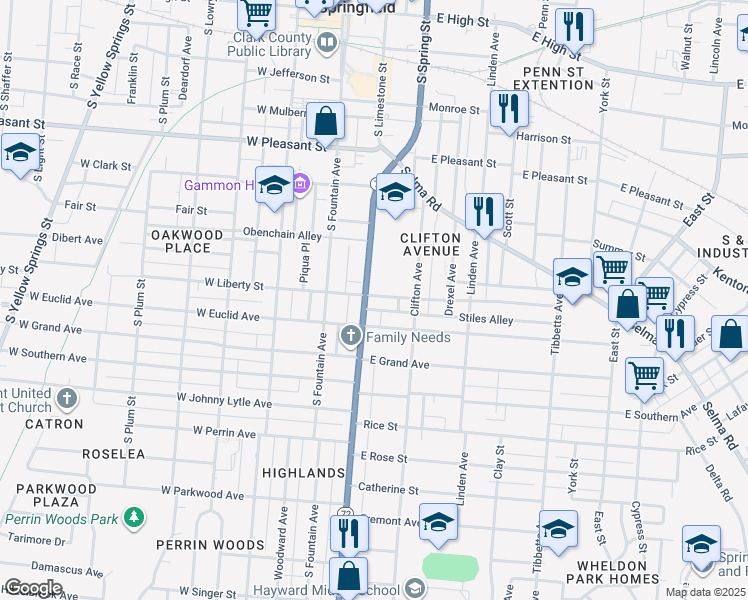 map of restaurants, bars, coffee shops, grocery stores, and more near 100-198 Stiles Alley in Springfield