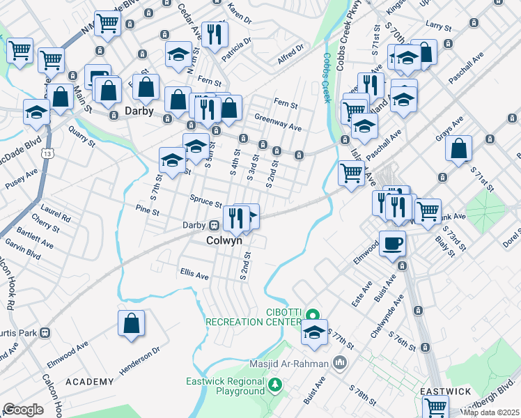 map of restaurants, bars, coffee shops, grocery stores, and more near 221 South 2nd Street in Darby