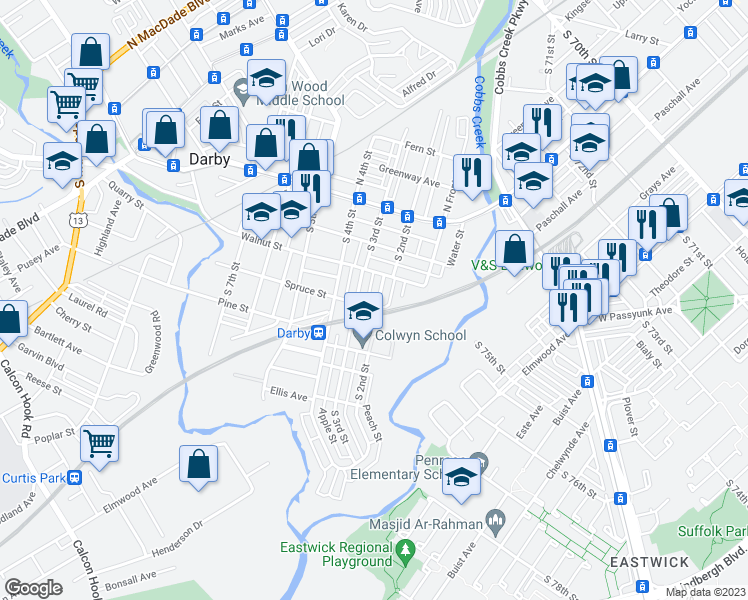 map of restaurants, bars, coffee shops, grocery stores, and more near 203 Spruce Street in Darby