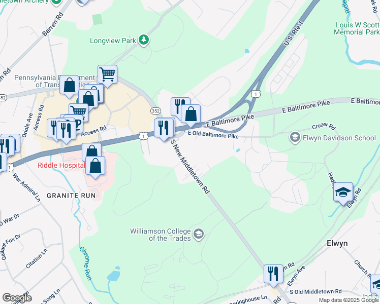 map of restaurants, bars, coffee shops, grocery stores, and more near 29 South New Middletown Road in Media