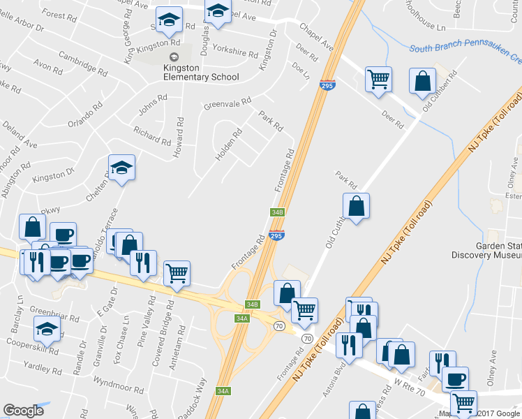 map of restaurants, bars, coffee shops, grocery stores, and more near 1600 Frontage Road in Cherry Hill