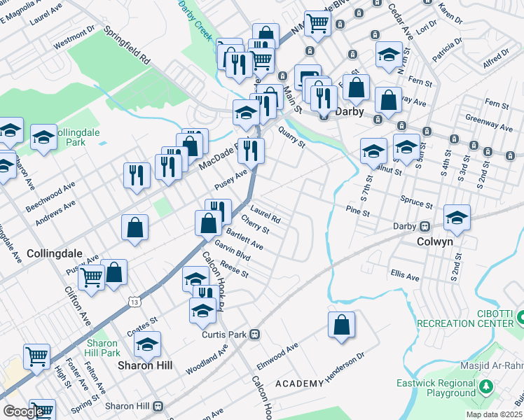 map of restaurants, bars, coffee shops, grocery stores, and more near 131 Laurel Road in Sharon Hill