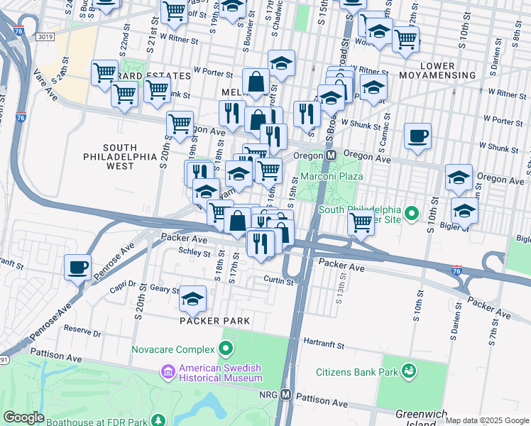 map of restaurants, bars, coffee shops, grocery stores, and more near 2934 South 16th Street in Philadelphia