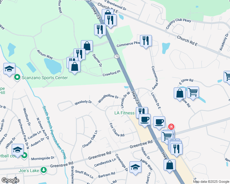 map of restaurants, bars, coffee shops, grocery stores, and more near 708 Woodhollow Drive in Evesham