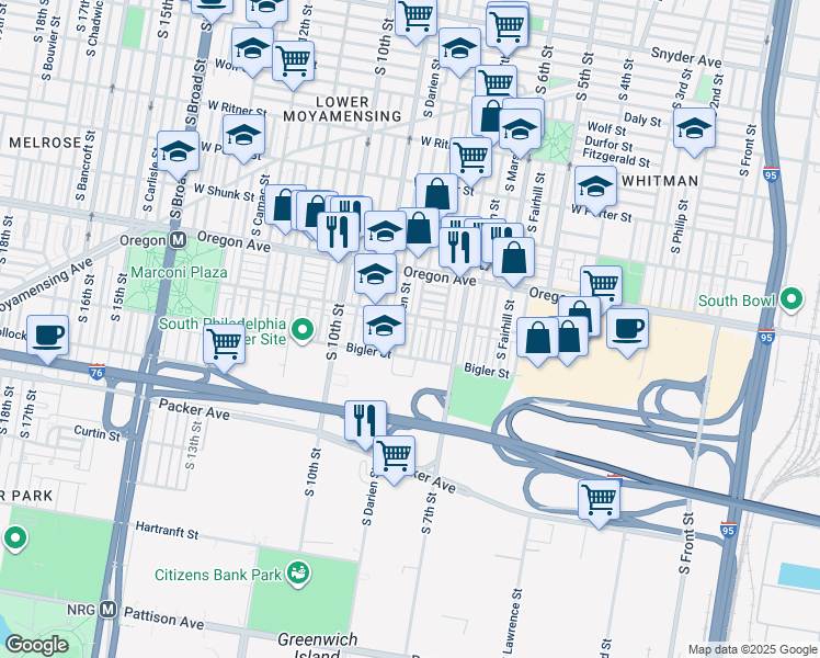 map of restaurants, bars, coffee shops, grocery stores, and more near 2820 South 8th Street in Philadelphia