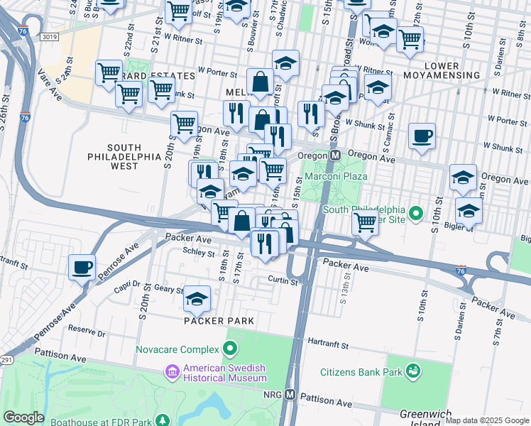 map of restaurants, bars, coffee shops, grocery stores, and more near 2939 South Smedley Street in Philadelphia