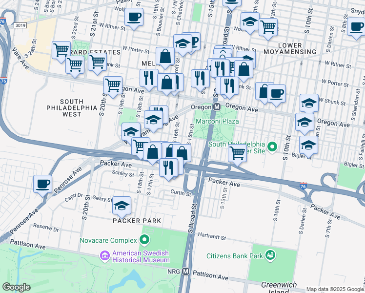 map of restaurants, bars, coffee shops, grocery stores, and more near 2931 South Sydenham Street in Philadelphia