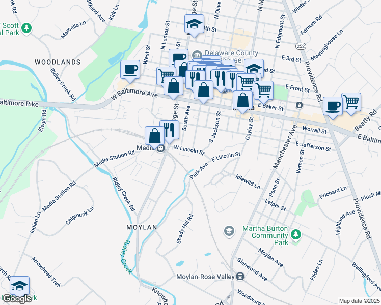 map of restaurants, bars, coffee shops, grocery stores, and more near 100 West Lincoln Street in Media