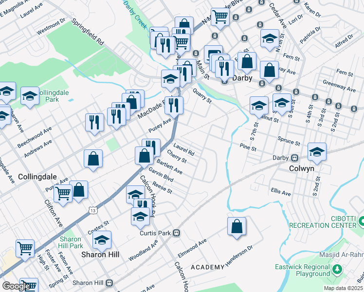 map of restaurants, bars, coffee shops, grocery stores, and more near 131 Laurel Road in Sharon Hill