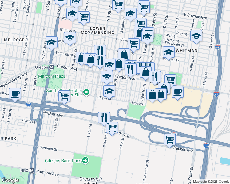 map of restaurants, bars, coffee shops, grocery stores, and more near 2825 South 8th Street in Philadelphia