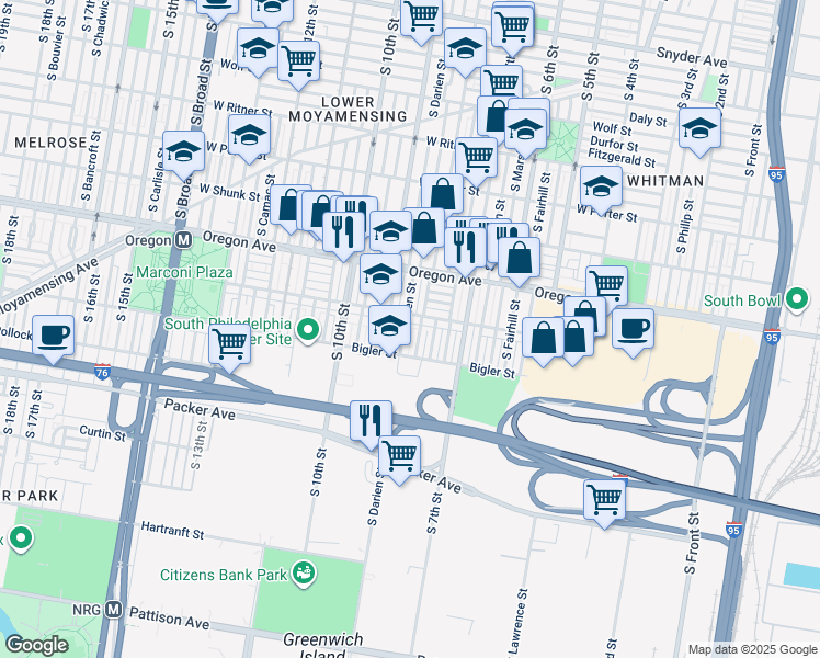 map of restaurants, bars, coffee shops, grocery stores, and more near 2821 South Darien Street in Philadelphia