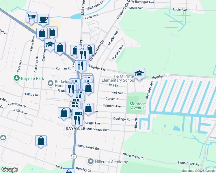 map of restaurants, bars, coffee shops, grocery stores, and more near 27 Ford Avenue in Berkeley Township