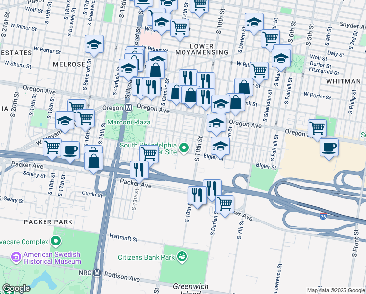 map of restaurants, bars, coffee shops, grocery stores, and more near 2838 South Warnock Street in Philadelphia