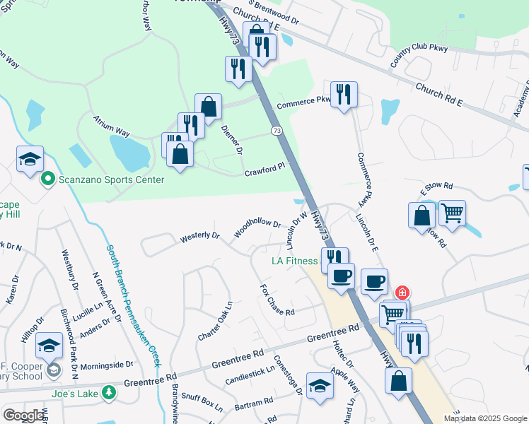 map of restaurants, bars, coffee shops, grocery stores, and more near 905 Woodhollow Drive in Evesham Township