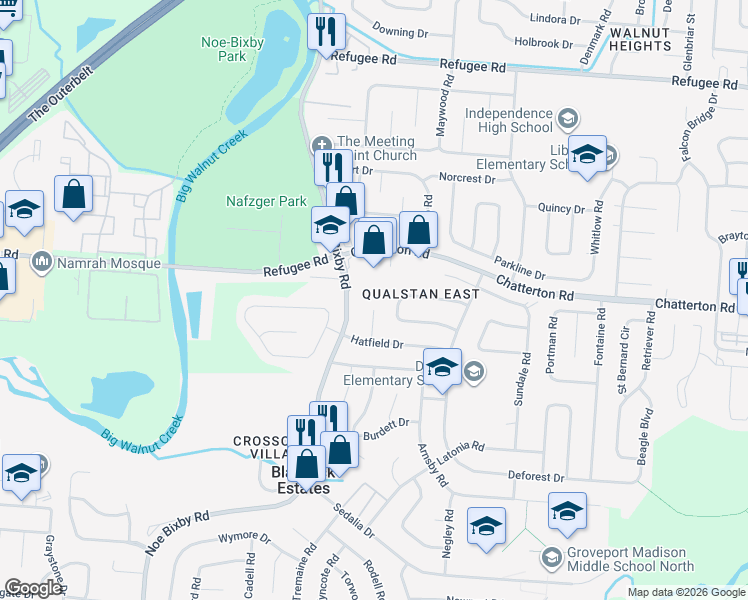 map of restaurants, bars, coffee shops, grocery stores, and more near 3096 Hatfield Court in Columbus