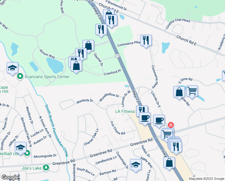 map of restaurants, bars, coffee shops, grocery stores, and more near 1004 Woodhollow Drive in Evesham Township