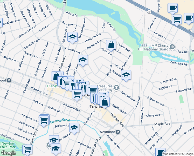 map of restaurants, bars, coffee shops, grocery stores, and more near 90 Emerald Avenue in Haddon Township