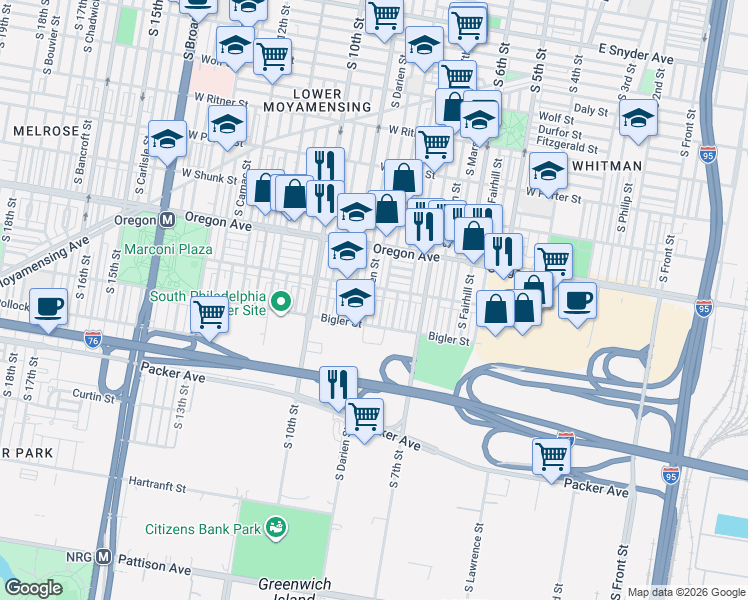 map of restaurants, bars, coffee shops, grocery stores, and more near 2825 South 8th Street in Philadelphia