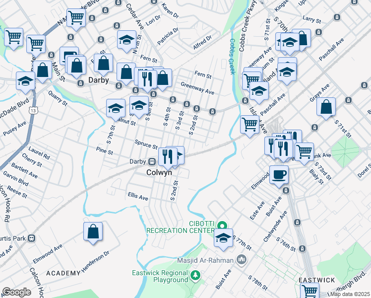 map of restaurants, bars, coffee shops, grocery stores, and more near 217 South 2nd Street in Darby