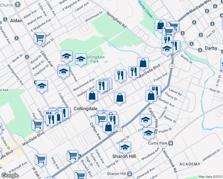 map of restaurants, bars, coffee shops, grocery stores, and more near 502 Macdade Boulevard in Collingdale