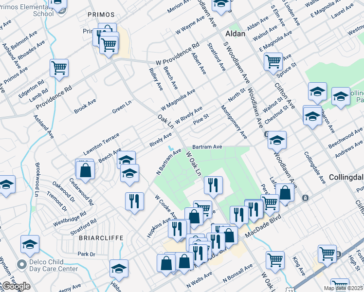 map of restaurants, bars, coffee shops, grocery stores, and more near 169 North Bartram Avenue in Glenolden