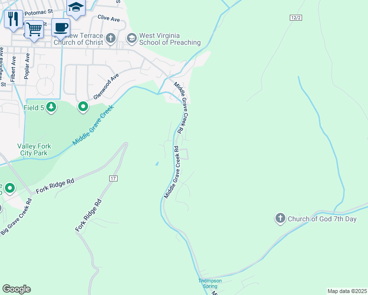 map of restaurants, bars, coffee shops, grocery stores, and more near 6046 Riffle Drive in Moundsville