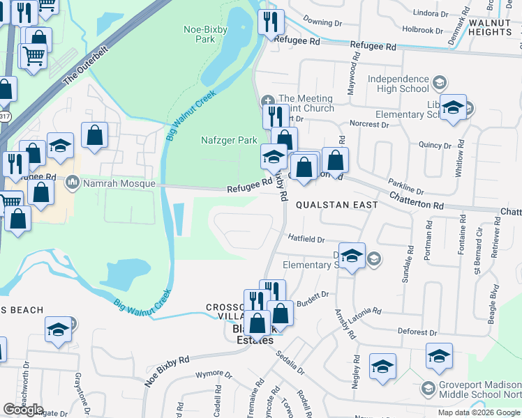 map of restaurants, bars, coffee shops, grocery stores, and more near 4895 Amber Crossing Road in Columbus