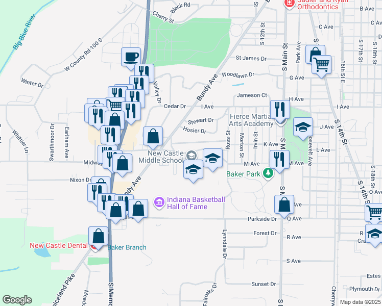 map of restaurants, bars, coffee shops, grocery stores, and more near 601 Parkview Drive in New Castle