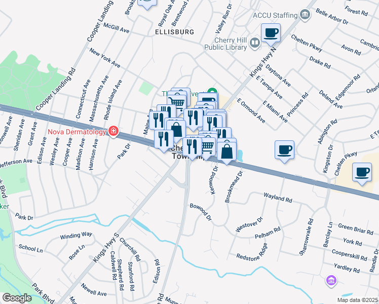 map of restaurants, bars, coffee shops, grocery stores, and more near in Cherry Hill Township