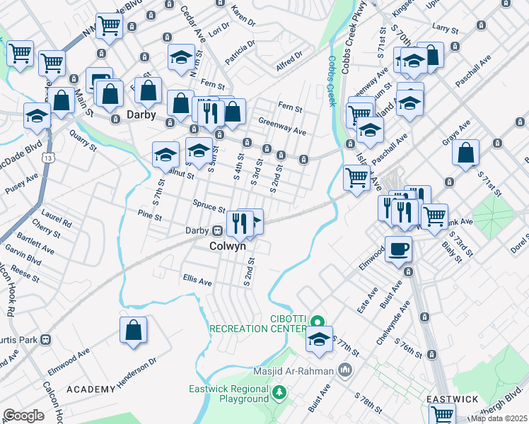 map of restaurants, bars, coffee shops, grocery stores, and more near 217 South 2nd Street in Darby