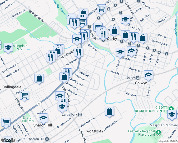 map of restaurants, bars, coffee shops, grocery stores, and more near 209 Greenwood Road in Sharon Hill