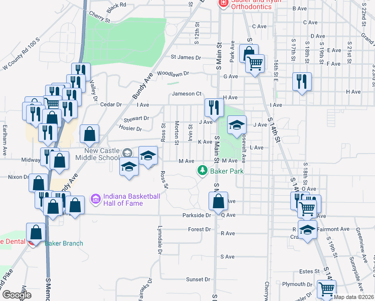 map of restaurants, bars, coffee shops, grocery stores, and more near 1832 Morton Street in New Castle