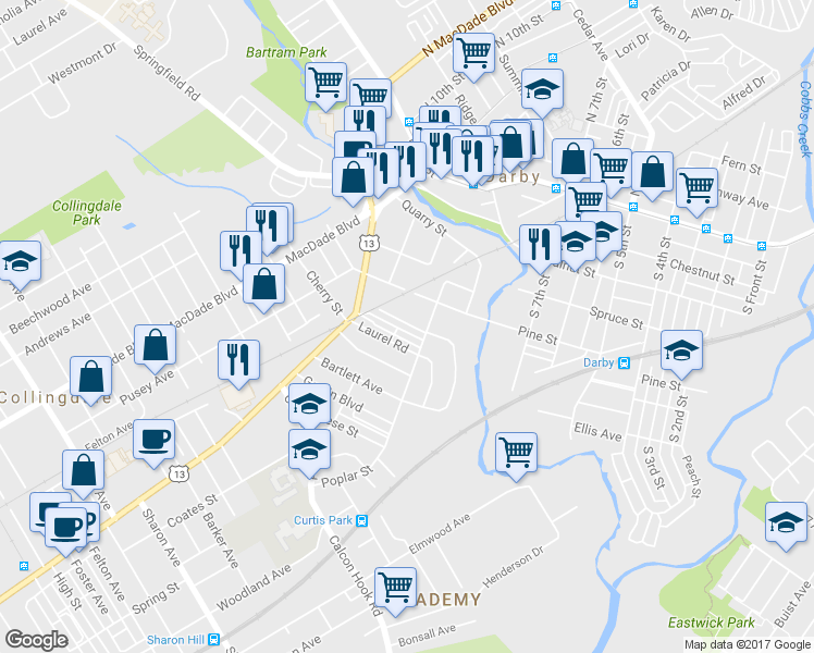 map of restaurants, bars, coffee shops, grocery stores, and more near 209 Greenwood Road in Sharon Hill