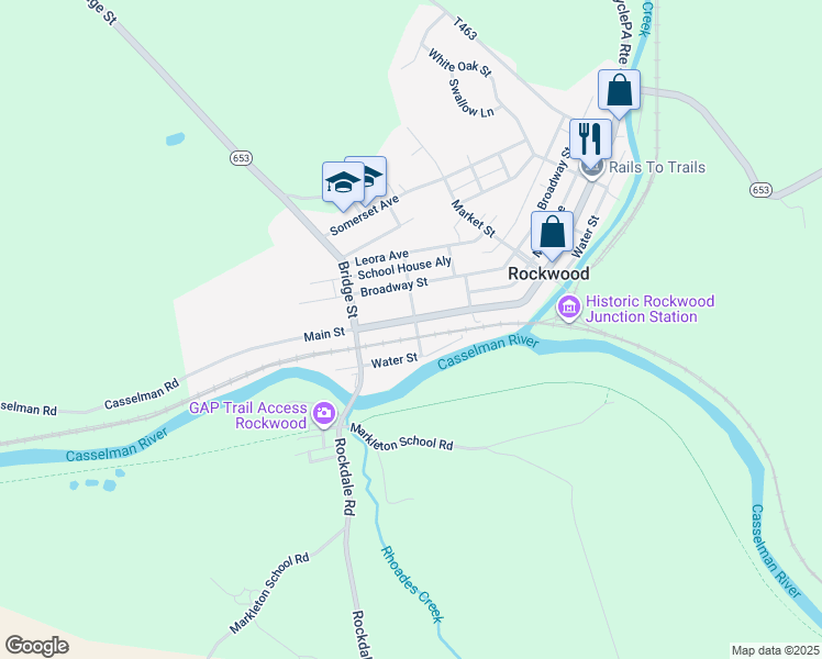 map of restaurants, bars, coffee shops, grocery stores, and more near 450 Main Street in Rockwood