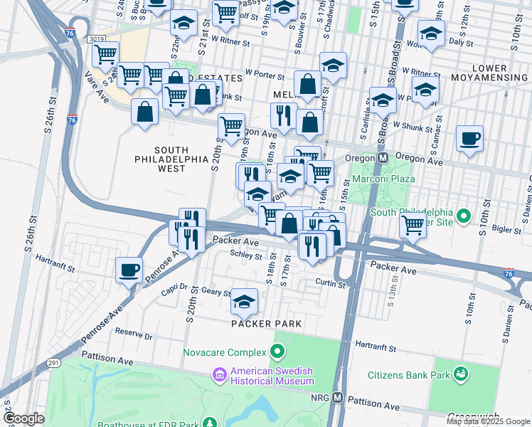 map of restaurants, bars, coffee shops, grocery stores, and more near 2950 South Cleveland Street in Philadelphia