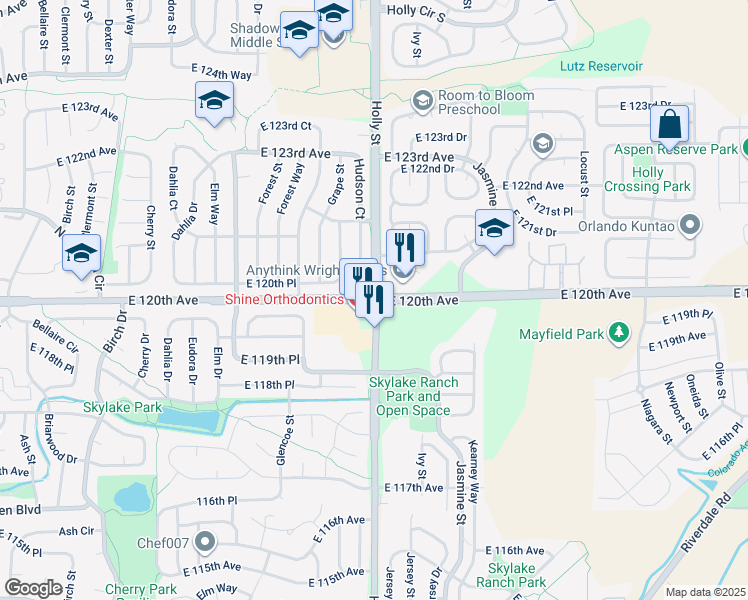 map of restaurants, bars, coffee shops, grocery stores, and more near in Thornton